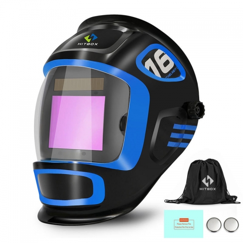 HITBOX Welding Helmet Large Viewing Screen True Color Solar Powered Auto Darkening with LCD Setting Display 4 Arc Sensors Shade 5/9-9/13 for TIG MIG Arc and Grinding